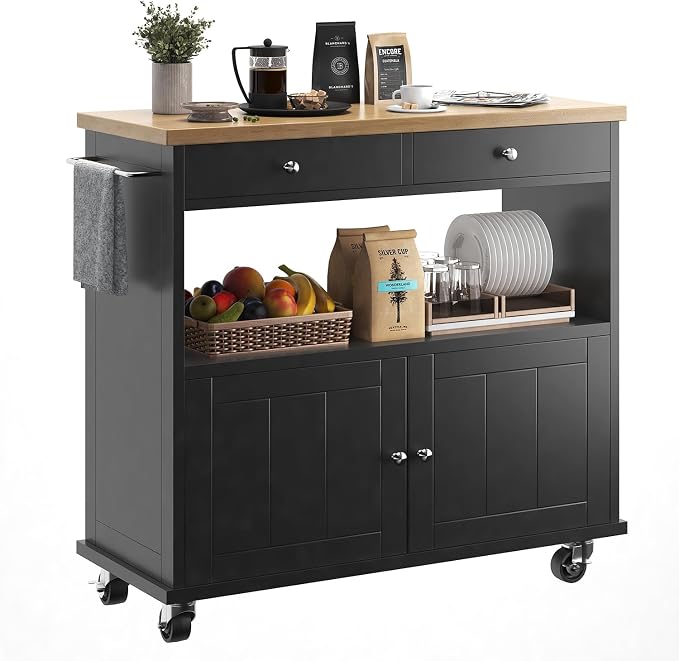 knoworld Rolling Kitchen Island with Storage Cabinet, 35.4'' Width Kitchen Cart, 2 Drawers Island Table, Portable Mobile Kitchen Island with Towel Rack, Wood Top and Lockable Wheels, Black by KNOWORLD