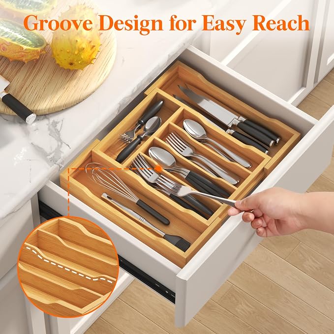 Lifewit Silverware Drawer Organizer, Wooden Utensil Tray for Kitchen | Expandable Flatware and Cutlery Holder, Adjustable Storage for Spoons Forks Knives, 9.4-15.7x13", Natural - Image 5