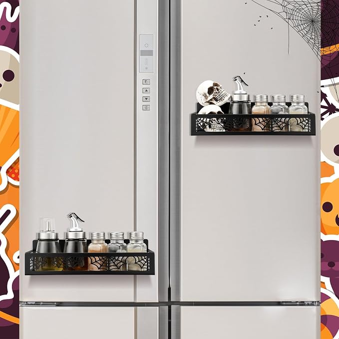 Beeveer 2 Pcs Magnetic Spice Rack for Refrigerator, Black Spider | Halloween Gothic Kitchen Decor, Spooky Home Accessories, 2 Sizes Metal Storage Shelf for Fridge Spices, No Drilling - Image 7