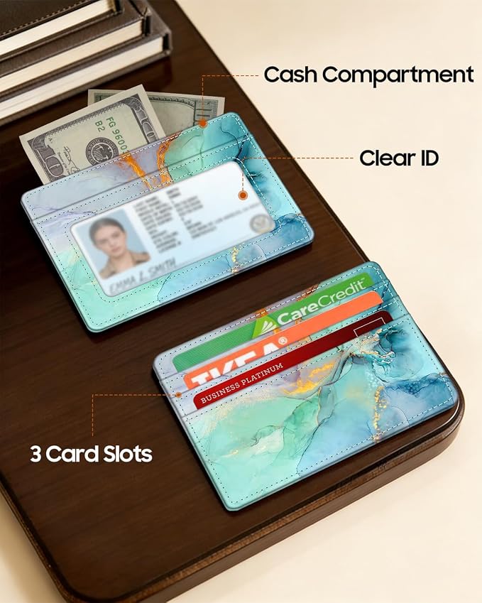 FINTIE Slim Minimalist Front Pocket Wallet RFID Blocking Credit Card Holder | Card Cases with ID Window for Men Women, emerald marble - Image 4
