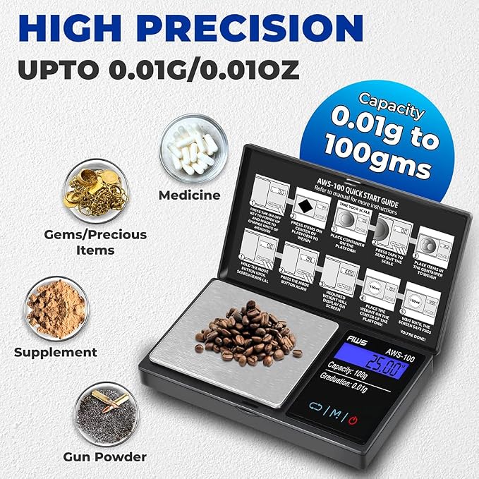 Series Digital Pocket Weight Scale, Stainless-Steel Backlit LCD 100g x 0.01g, (Black), AWS-100-Black - AMERICAN WEIGH SCALES - Image 6