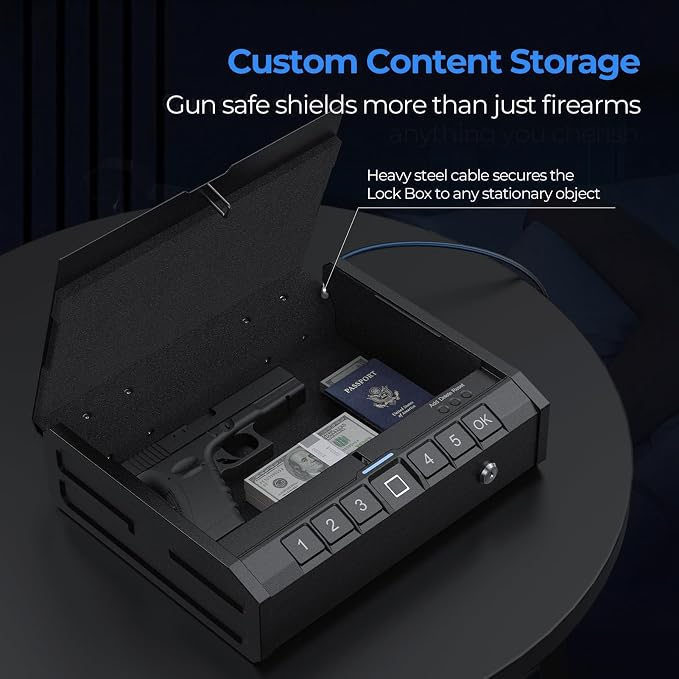 ONNAIS Iron SE Biometric Gun Safe for Handgun with Fingerprint Keypad Lock | Steel Gun Case, 3 Quick Access Methods, Handgun Safe for Home, Nightstand, Bedside, or Car, Birthday Gifts for Men - Image 3