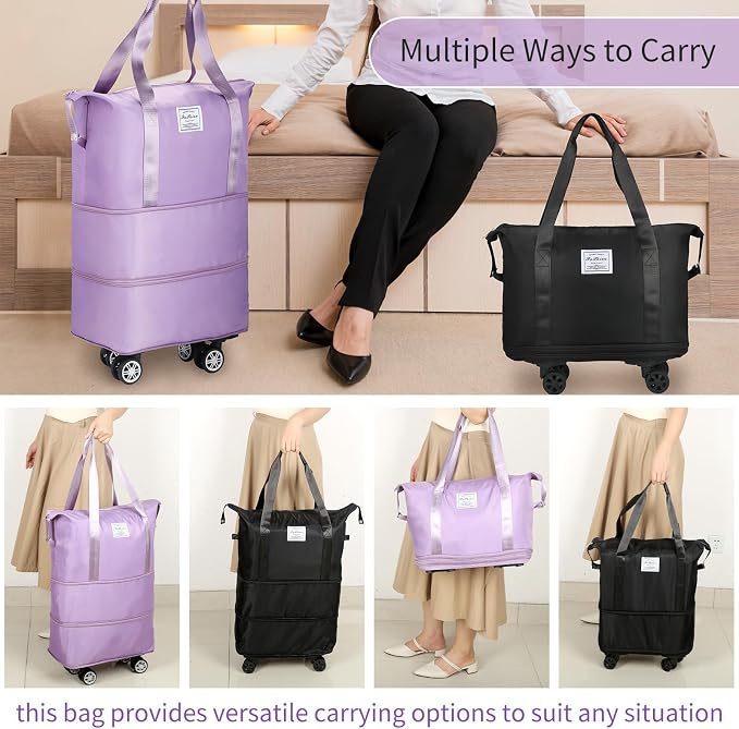 VOOWO Rolling Duffle Bag with Wheels, Expandable Foldable Duffle Bag for Travel, Rolling Under Seat Luggage Carry on Duffel Bags, Wheeled Travel Duffel Weekend Bags, Capacity 18L to 30L (Black) - Image 7