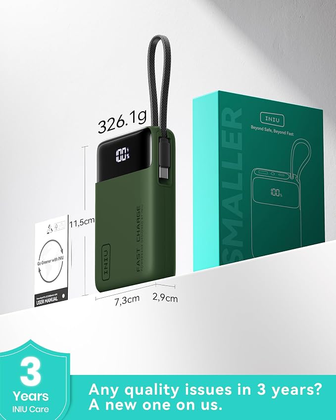 INIU 20000mAh Portable Charger, Smaller 45W Fast Charging Travel Power Bank | Flight-Safe, Built in USB-C Cable, Travel Essential, Battery Phone Pack for iPhone 17 16 Pro, Samsung S26, iPad etc, Green - Image 8