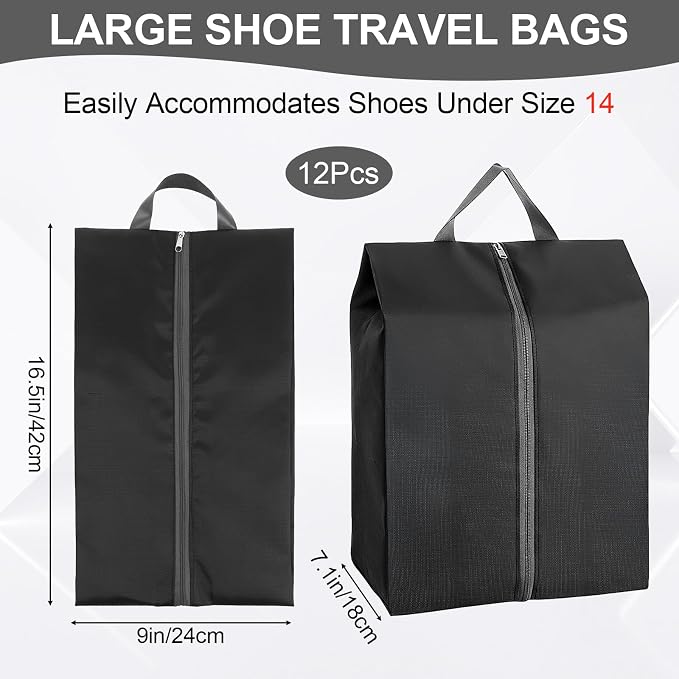 Shoe Bags for Travel, 12 Pack Portable Shoe Bags with Zipper, Black | Large, Waterproof, for Storage and Packing, Travel Essentials, for Women and Men - Image 2