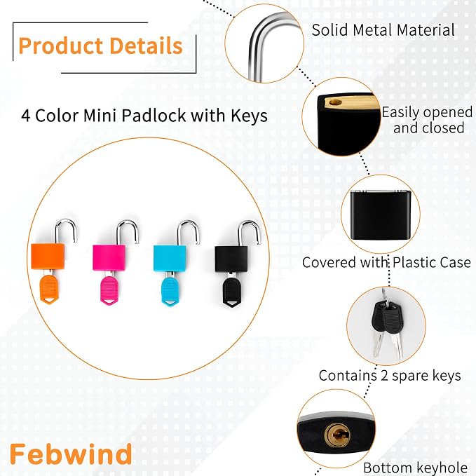 4 Pcs Suitcase Locks with Keys Multicolor Mini Keyed Padlock Febwind Metal Padlock Luggage Padlocks Plastic-Covered Copper Keyed Padlock for Suitcase, Backpack, Boxes, Laptop Bag - Image 3
