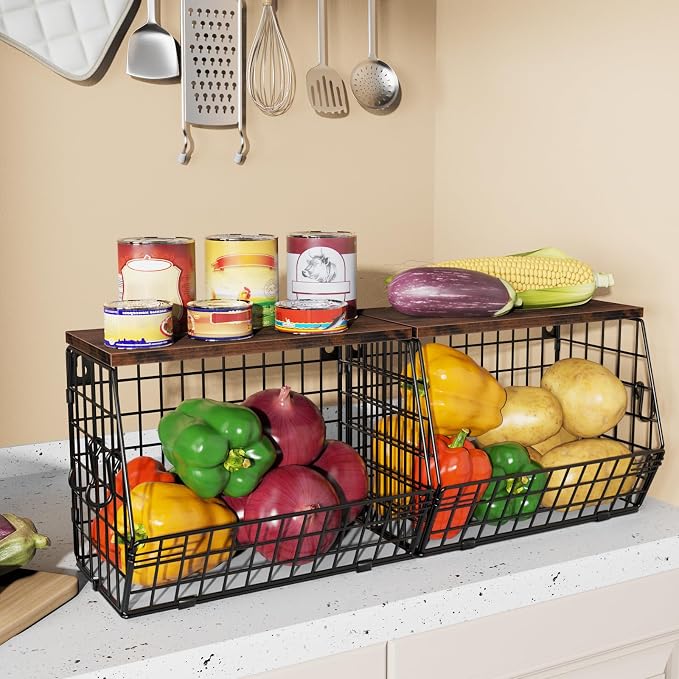 Mefirt Fruit Bowl, Stackable Wall Mounted Fruit Basket of Smooth Wood Lid with 4 Banana Hanger Hooks, Metal Kitchen Counter Organizer for Snack, Fruit and Vegetable Storage, 11.8 * 7.9 * 8.5 Inches - Image 7
