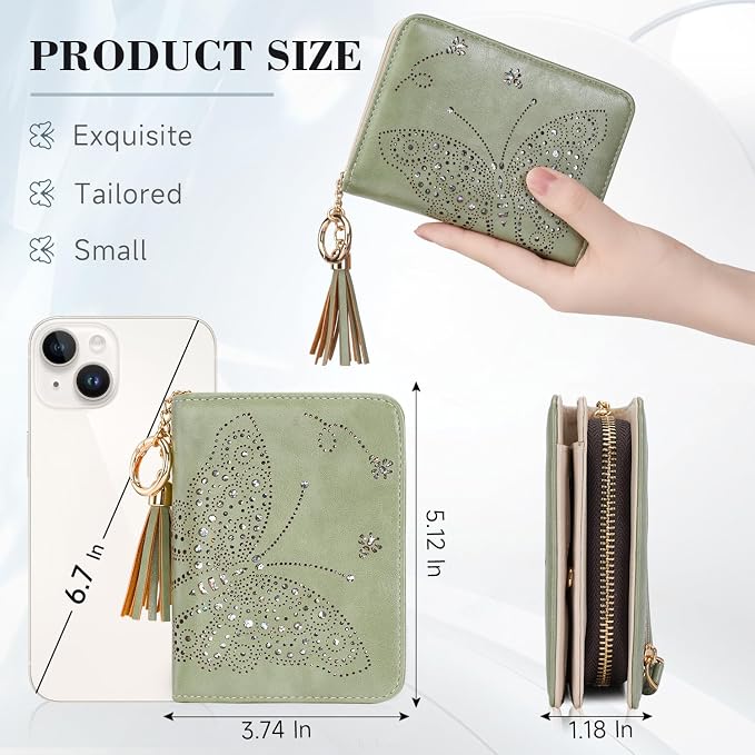 KITEVIUN Women RFID Blocking Small Bifold Wallet, Compact Cash Clutch with Zipper Coin Pocket, Glittery Butterfly Design, Credit Card Holder, Travel Purse with Tassel GREEN - Image 3