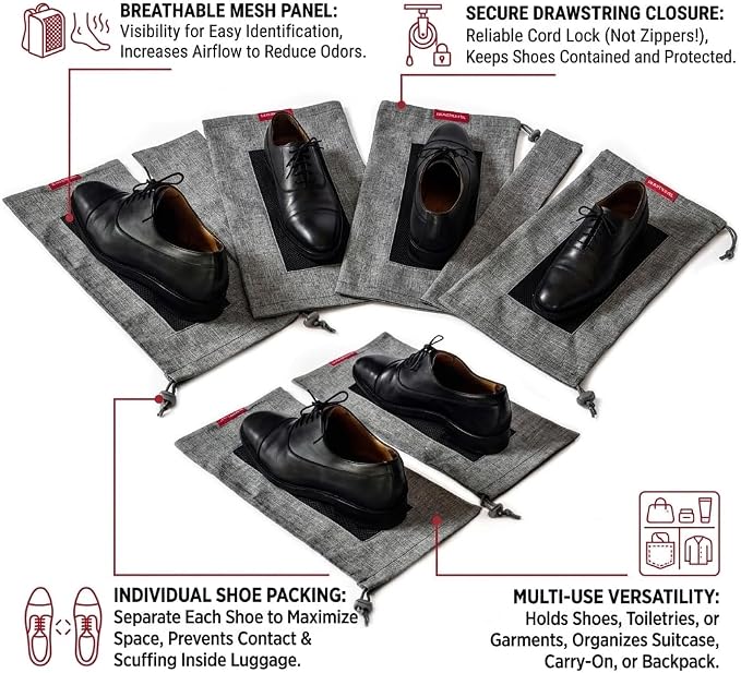 LeanTravel Shoe Bags with Mesh Window, Drawstring Cord Lock, Set of 6, Grey - Image 6
