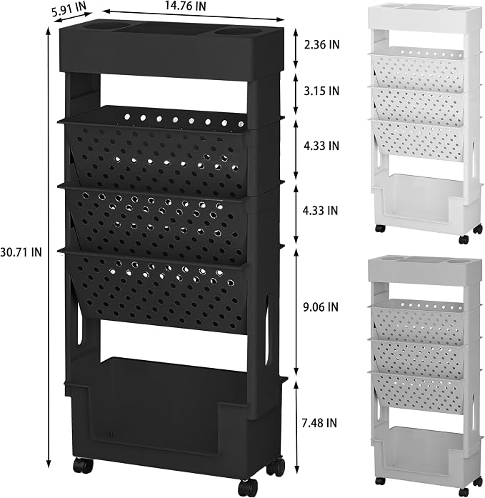 BYFU 5-Tier Rolling Bookshelf Cart, 30.7" H, Black | Movable with Wheels, File Paper Storage Organizer, For Home Office Study Classroom - Image 3