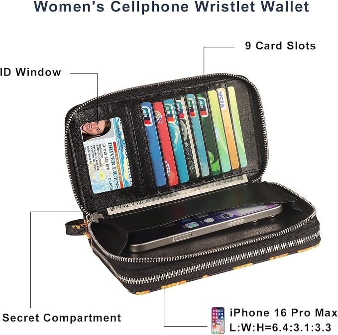 RFID Wallet for Women with Cellphone Pocket - Double Zipper Wristlet Purse Large Capacity, 17 Card Slots, Coin Pocket, Sunflower Print - Image 3