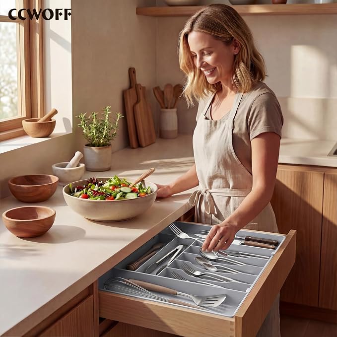 Silverware Drawer Organizer, 9 Slots Expandable Kitchen Drawer Organizer | Extra Large Utensil Holder & Cutlery Tray, Heavy Duty Stainless Steel Frame Flatware Organizer, Non-Slip Feet Included, Gray - Image 8