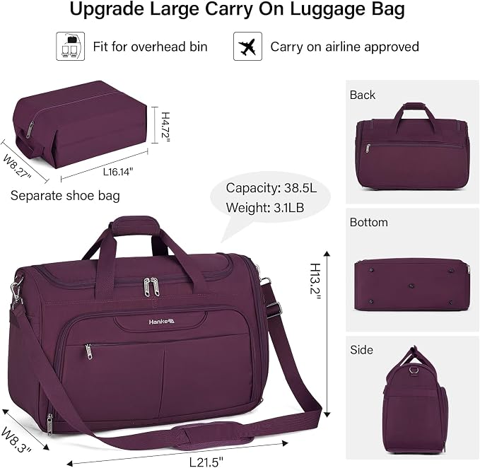 Hanke Carry On luggage Bags for Travel, Large Foldable Duffle Bag for Travel, Softside Lightweight Travel Bag Carry On Bags for Airplanes Women, Travel Tote Bags for Women Men.（Purple） - Image 2