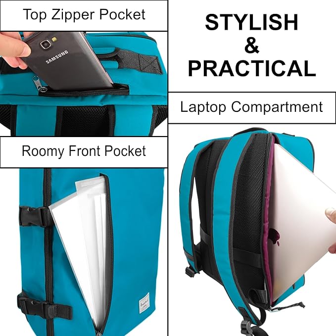 Cabin Hand Luggage Backpack Small Carry-On Daypack Airplane Travel Under-seat for Women Men fits 15.6-inch Laptop, Water Blue - Image 5