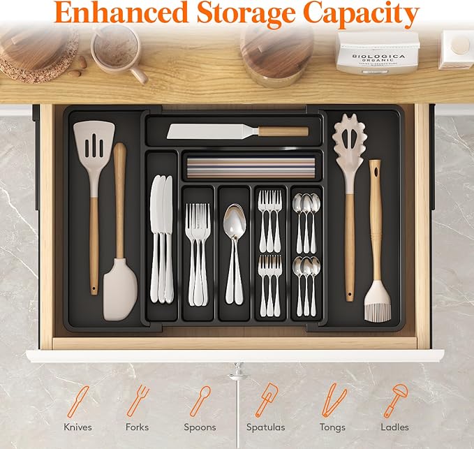 Lifewit Expandable Silverware Drawer Organizer, Kitchen Utensil Tray | BPA-free Plastic Flatware Cutlery Holder, Space-Saving Storage for Spoons Forks Knives, 13-22.4 x 15“, Black - Image 2