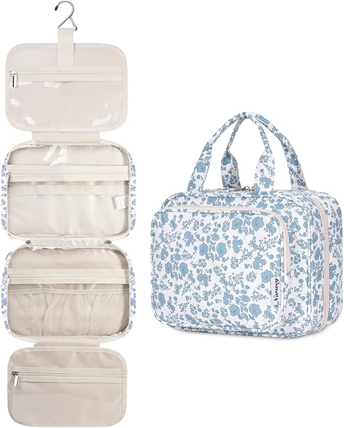 Narwey Hanging Floral Toiletry Bag for Women Travel Makeup Bag Organizer Toiletries Bag for Travel Size Essentials Accessories Cosmetics (Blue Flower (Medium)) by Narwey