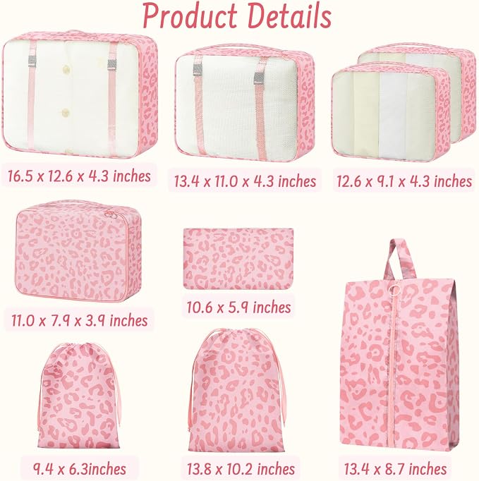 9 Set Packing Cubes for Travel Essentials - Lightweight Carry-On Luggage Organizer Bags with Shoe, Clothes & Laundry Bags for Airplane, Family & Business Travel, Pink leopard print - Image 2