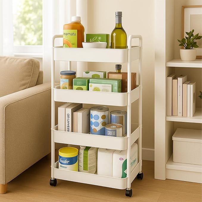 ShellKingdom 4 Tier Bathroom Storage Organizer, Slim Rolling Storage Cart | Storage Shelf for Narrow Space with Handle, Mobile Shelving Unit for Bathroom, Kitchen, Laundry (White) - Image 5