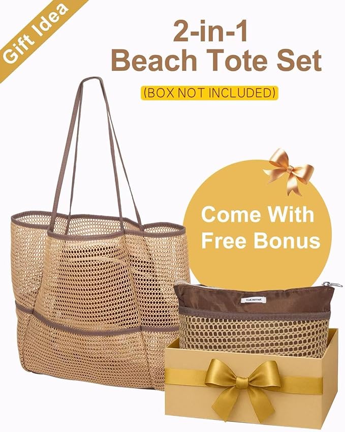 Mesh Beach Tote Bag for Women, 2-in-1 Large Lightweight Foldable Design | Packable into Matching Makeup Pouch | Multiple Pockets | Quick-Dry Sandproof Mesh | Beach, Pool, Travel, Shopping & Gym - Image 2