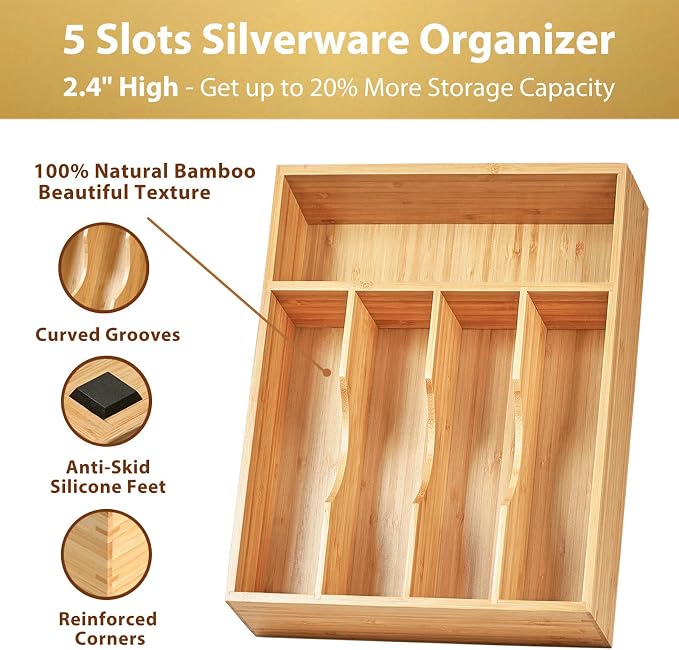Kitchen Drawer Organizer, 10 Inch Silverware Utensil Tray Holder, Extra Deep, with Non-Slip Feet & Grooved Drawer Divider, 5 Slots Total Bamboo Wood Caddy for Flatware Cutlery Knives - Image 2