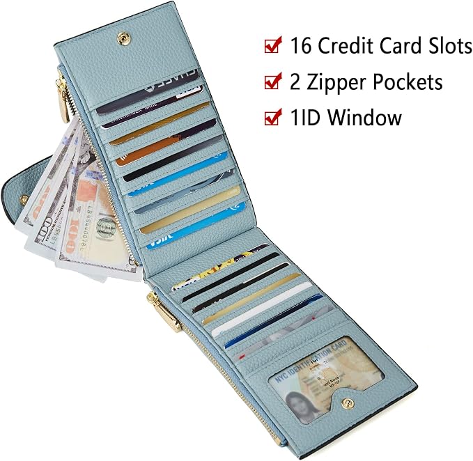 BOSTANTEN Leather Womens Wallet Large RFID Blocking Slim Card Holder | 16 Card Slots, 2 Zipper Pockets, Bifold, Long, Fits Most Purses, Organized Everyday Carry, Ladies Gifts, Blue - Image 3