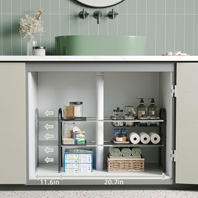 Under Sink Organizers and Storage,Expandable under cabinet organizer Shelf | 2 tier expandable shelf for kitchen,bathroom,6 Removable ABS Panels and 2 Baskets,Adjustable partition height,20.7-32.3" W - Image 2