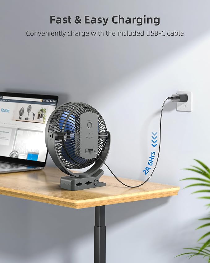 Koonie 8" Clip on Fan, 10000mAh Rechargeable Battery, Strong Airflow | 4 Speeds, Sturdy Clamp, Ideal Portable USB Desk Fan for Office, Golf Cart, Camping, Travel, Tent, Outdoor, Treadmill & Gym - Image 7