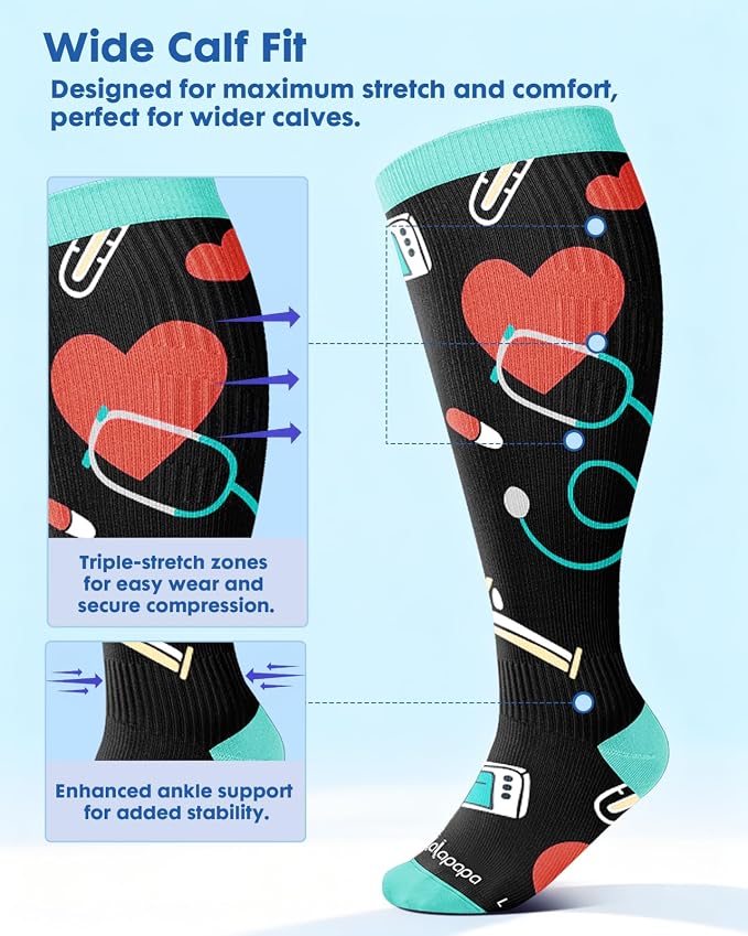 3-Pair Wide Calf Compression Socks for Women | 20-30mmHg Graduated Support, Easy On & Off, Knee High Length, Ankle Support, Travel Nurse Daily Wear, Cute Patterned - Image 3