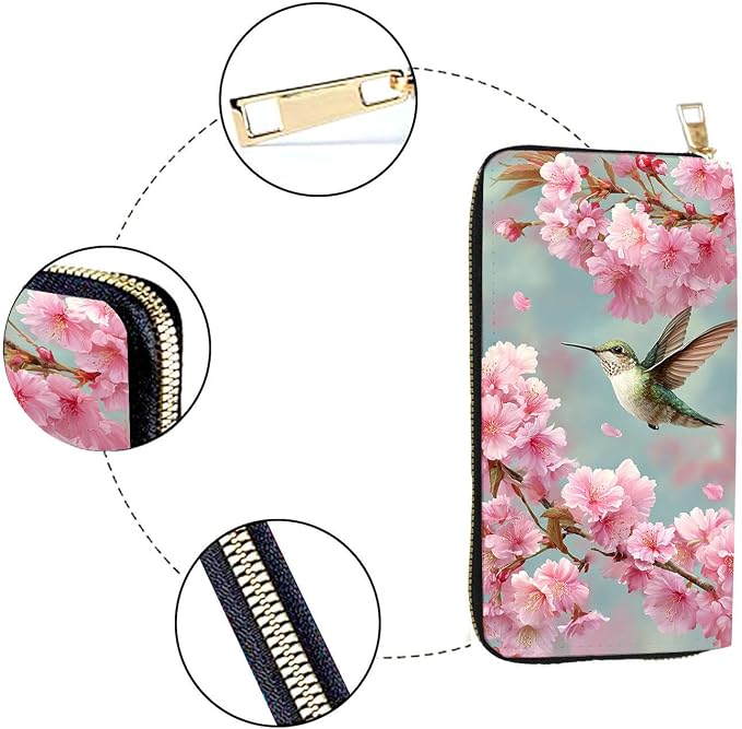 Women's RFID Blocking PU Leather Zip-Around Wallet, Large Capacity Clutch with Phone Holder, Travel Purse & Card Organizer with Removable Wristlet,Cherry Blossom Hummingbird - Image 4
