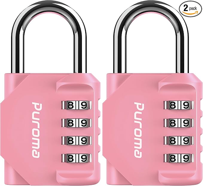 Puroma 2 Pack Combination Lock Locker 4 Digits Combo Padlock Gym Rose Pink | For School Gate Fence Toolbox Hasp Storage, Outdoor, Resettable, Weatherproof, Side Window, Crack Cut Resist, Hardened Steel by Puroma