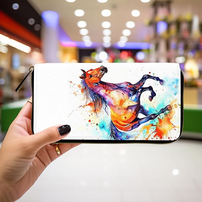 Wallet,Leather Long Wallet Suitable For Ladies And Teenagers - Detachable Wristband + RFID Travel Wallet With Card Slot - Watercolor Horse - Image 4