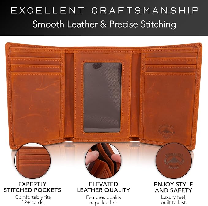 Stealth Mode Trifold Leather Wallet for Men with RFID Blocking (Clay) | Top Grain Napa Leather, 9 Card Slots, ID Window, Gift Box – Gift for Dad, Husband, or Son - Image 3