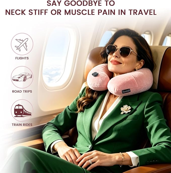 Keemall Inflatable Travel Neck Pillow for Airplane to Relieve Neck Pain | U-Shaped with Soft Washable Cover,Ergonomic Cervical Support for Flights, Car, Home, Camping&Office Naps, Gift for Women,Pink - Image 5