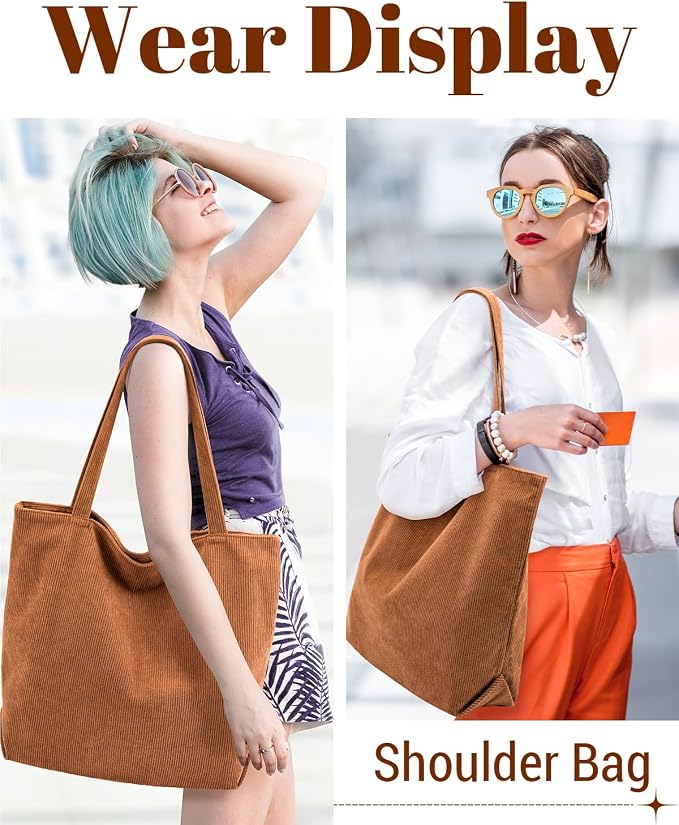 Iioscre Corduroy Tote Bag for Women,Hobo HandBags with Zipper | Large Capacity Casual Shoulder Bag with Inner Pockets for Shopping Work Daily Travel. - Image 6