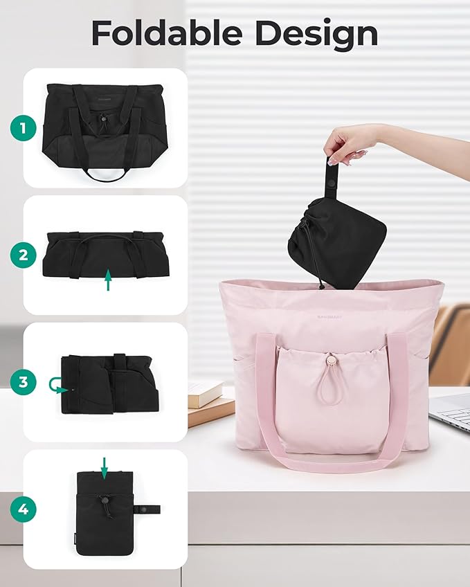 BAGSMART Foldable Tote Bag with Drawstring Bag, Tote Bag Shoulder Bag Top Handle Handbag for Travel, Work, Beach, Gym - Image 4