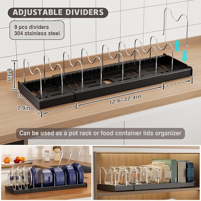 Magheo 2 Pack Expandable Food Storage Container Lid Organizers, 22" Pots and Pans Organizer Under Cabinet with 9 Adjustable Dividers Pot and Pan Lid Holders Rack Inside Cabinet(Black) - Image 2