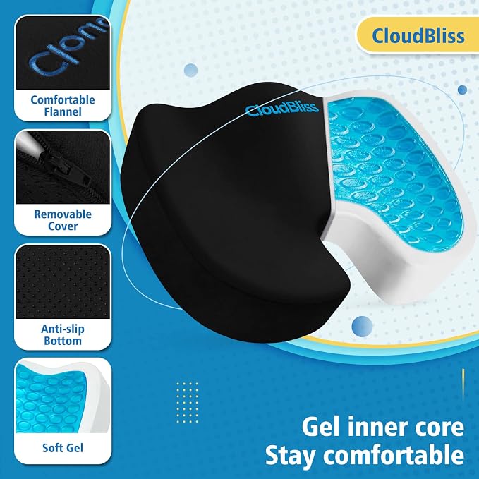 CloudBliss Gel Memory Foam Seat Cushion for Long Sitting, Large, Black | Gel Chair Pad for Tailbone, Coccyx, Sciatica , Soft Suede Cover, Non-Slip , Washable Mesh, for office, home, car - Image 3
