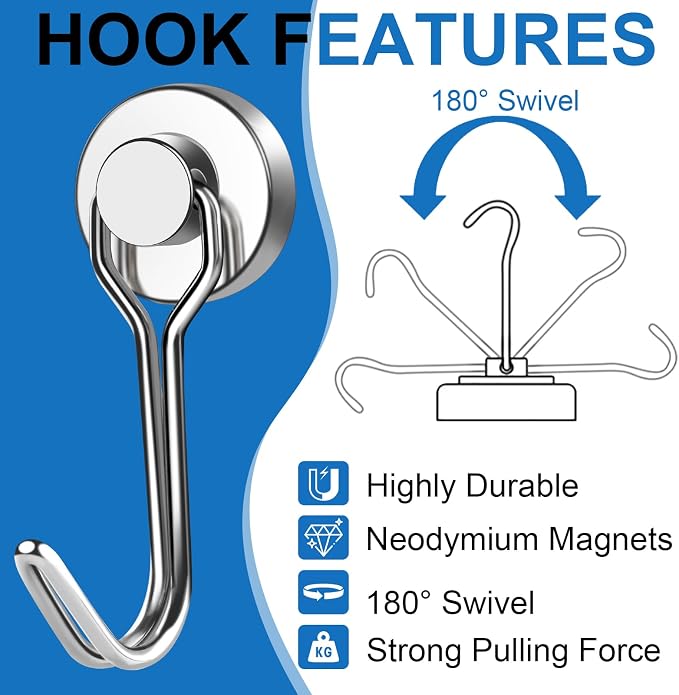 Swivel Swing Magnetic Hooks, 50PCS 30lbs Magnet Hook | Heavy Duty Strong Magnets Refrigerator Fridge Hanging for Classroom Beach Vacation Kitchen Grills Home - Image 4
