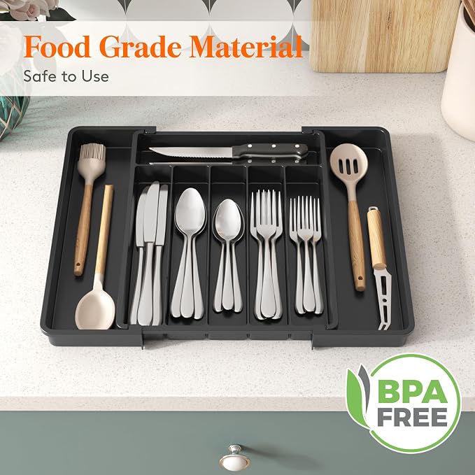 Lifewit Expandable Silverware Drawer Organizer, Kitchen Utensil Tray | BPA-free Plastic Flatware Cutlery Holder, Space-Saving Storage for Spoons Forks Knives, 11-18 x 14 x 1.5“, Black - Image 8