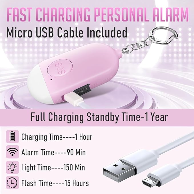 Personal Alarm Siren 5-Pack - 130dB Self Defense Alarm Keychain, Rechargeable with Emergency LED Flashlight - White, Touch Control - Image 3