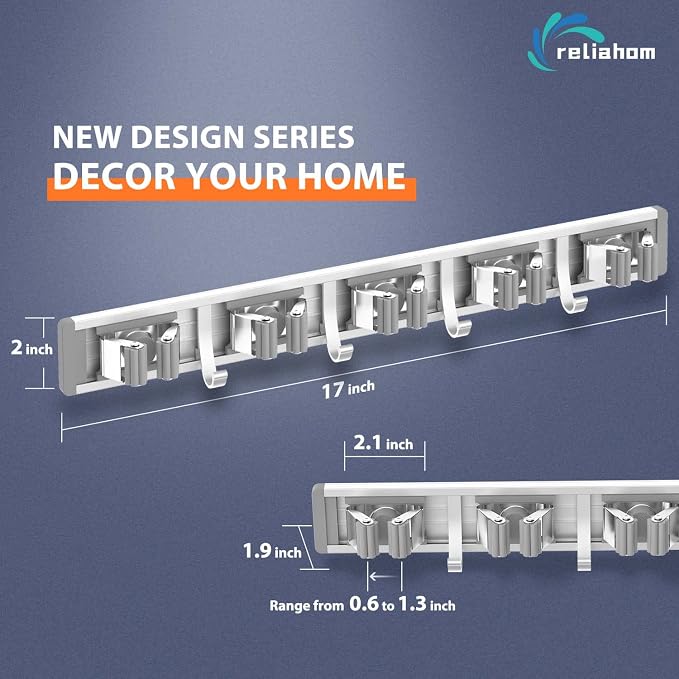 reliahom Broom Holder Wall Mount Mop Hanger Tools organizer 5Racks 4Hooks | Adjustable Mop Broom Wall Hanging Heavy duty Tools Storage Rack Space-saving for Garage,Kitchen,Laundry Room,Garden, Silver - Image 6