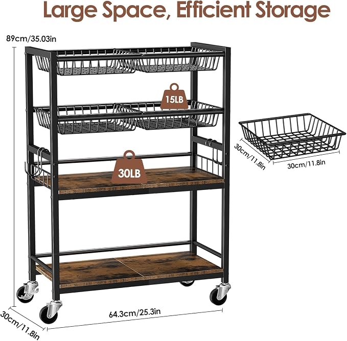 Fruit Vegetable Storage Cart, 4 Detachable Basket | 4-Tier Kitchen Rolling Storage Cart, Fruit & Vegetables Stand, Snack Organizer for Kitchen, Bathroom, Living Room - Image 5