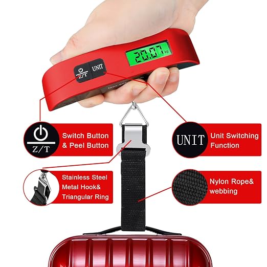 Luggage Scale, Portable Luggage Weight Scale with 2 Luggage Tags, LCD Weight Display and 4 Unit Switching Functions (Red) - Image 5