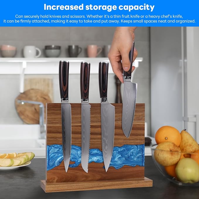Magnetic Knife Block | Double Sided Magnetic Knife Holder | Acacia Wood Magnetic Knife Rack | Magnetic Knife Storage Stand for Kitchen Counter, Blue Resin River, 12.59×9.84IN (No Knife) - Image 2