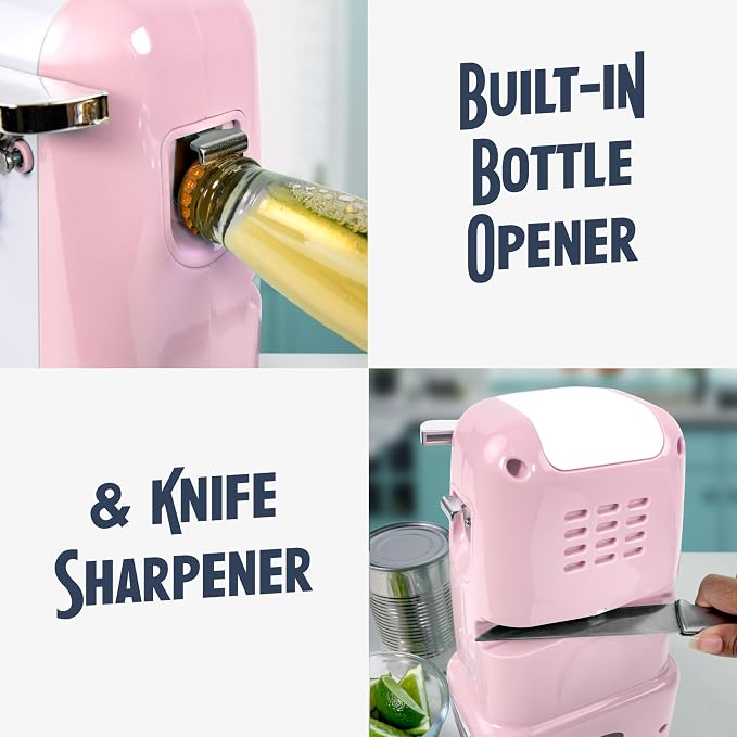 Nostalgia Retro Electric Can Opener for Kitchen with Magnetic Lid Remover, Knife Sharpener, and Soda or Beer Bottle Opener, Pink - Image 4