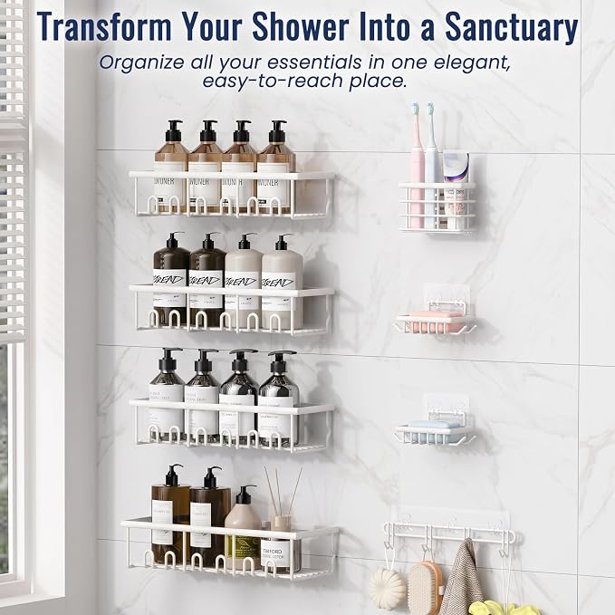 8 Pack Adhesive Rustproof Shower Caddy with Soap Dishes, Toothbrush Holder & Hooks, Large Capacity No-Drilling Shower Shelves Rack for Bathroom Organizers and Storage Accessories, White - Image 3