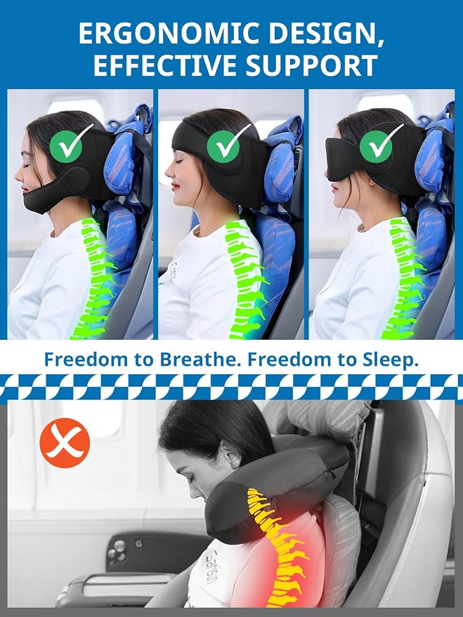 SARISUN Travel Pillow with Chin Strap for Different Seats, Stable Support | Seat Strap System, Fits with/out headrests Seats, Stop Head Bobbing, 3D Eye Mask Airplane Pillow for Long Flight, Mottle Blue - Image 6