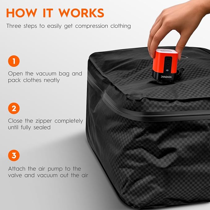 43L Max Capacity Vacuum Bags with Wireless Pump - Space Saver Compression Bags for Travel Luggage, No Checked Baggage, IP68, Reusable, Fits 20/24/28 Inch Suitcases (2PC No Tracker) - Image 6