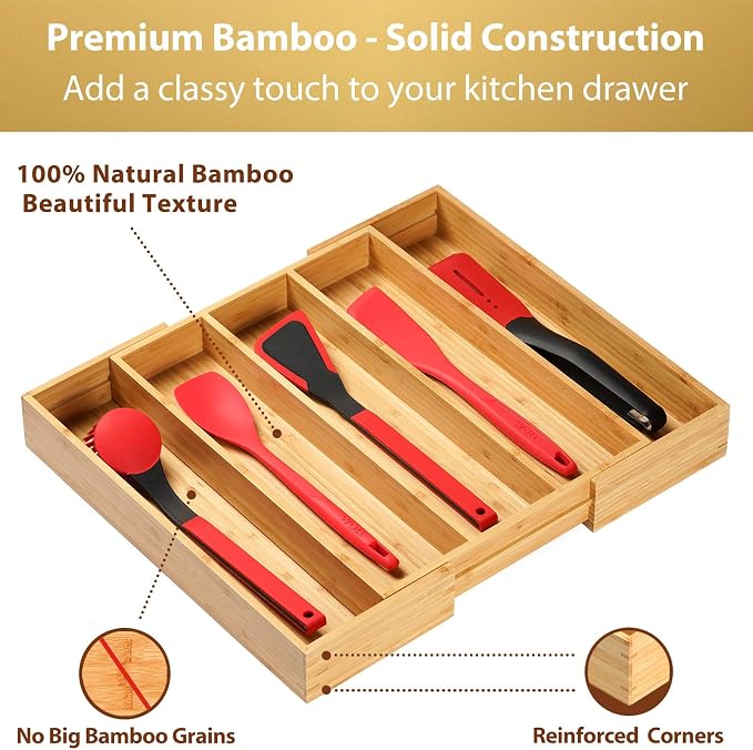 Expandable Kitchen Drawer Organizer, 2.5" High Bamboo Utensils Silverware Tray, Adjustable Large Deep Wood Organization Holder - Image 3
