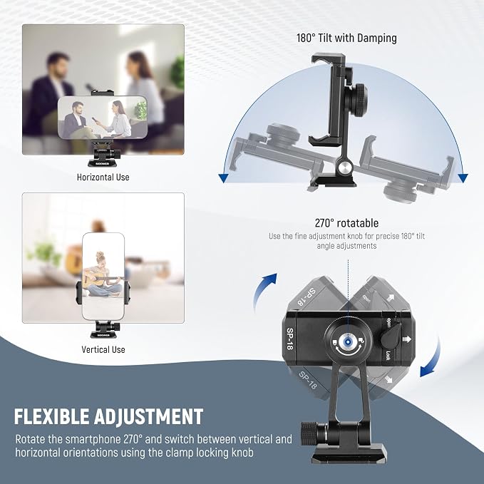NEEWER Phone Tripod Mount Adapter with Arca Type QR Base, Cold Shoe, SP-18 | 1/4" 3/8" Holes, 360° Swivel, 180° Tilt, Phone Holder Compatible with iPhone Samsung Arca Swiss DJI RS 4 Pro 3 2 Stabilizer - Image 4